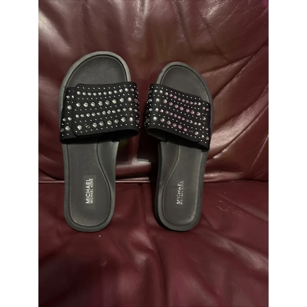 Michael Kors MK Rhinestone Diamond Black Slides Sz 8